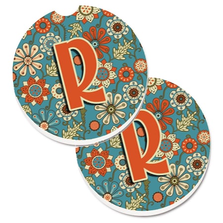 Carolines Treasures Letter R Flowers Retro Blue  Cup Holder Car Coaster, PK2 CJ2012-RCARC